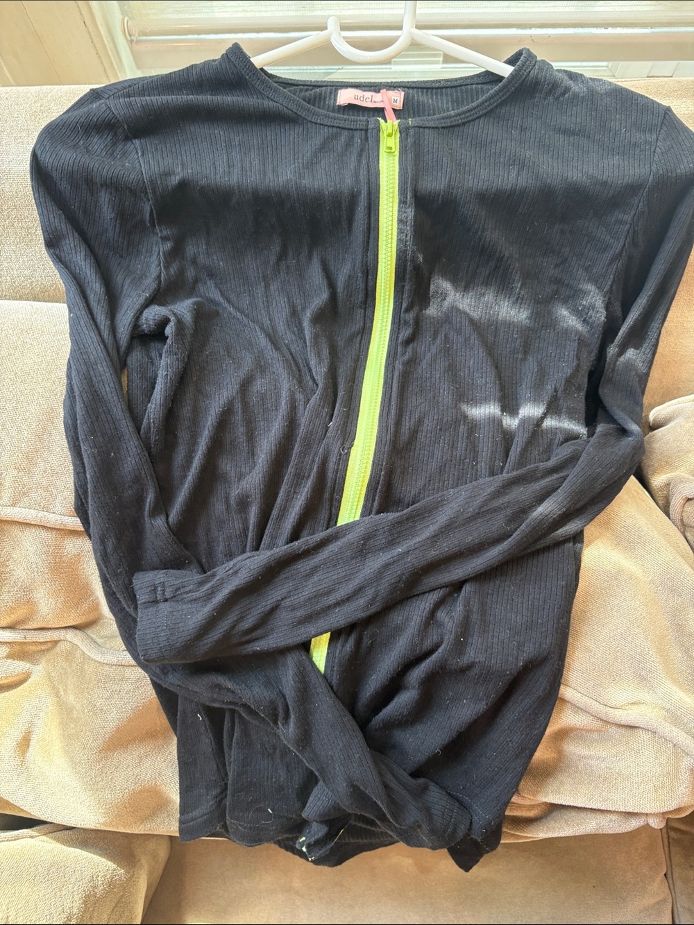 Women’s Long Sleeve Ribbed Zip-Front Tee - Black with Lime Zipper